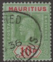 Click for more photos and details Mauritius 1921 KGV 10r Green and Red on Emerald Used SG204d cat £200 faults