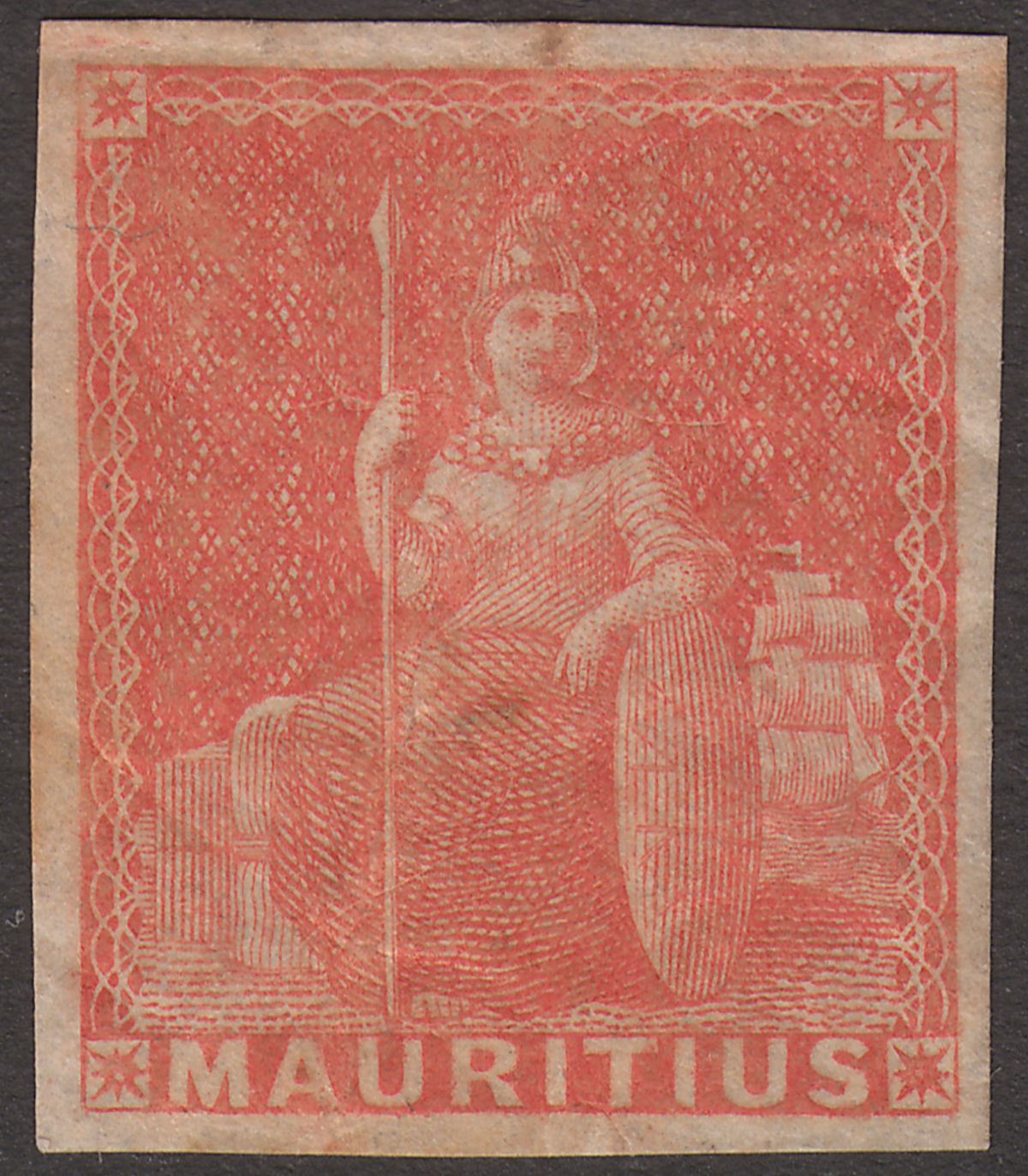 Mauritius 1858 QV Britannia 6d Vermilion Imperf Mint SG28 cat £65 four margins