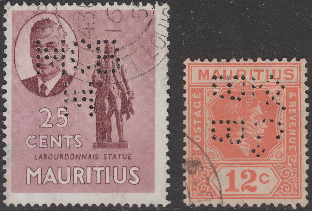 Mauritius 1938-50 King George VI 25c MCB/M and 12c BB&Co Perfins Used 