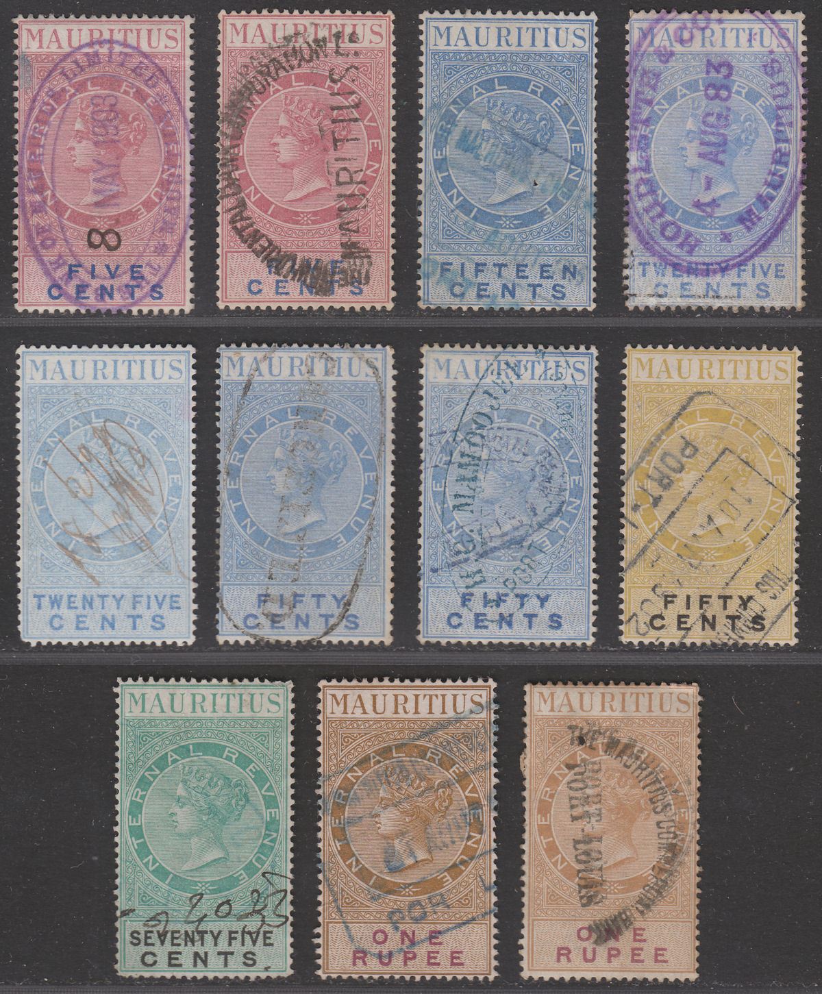 Mauritius 1879 QV Internal Revenue Value Words Pt Set to 1r Used nar + wide wmks
