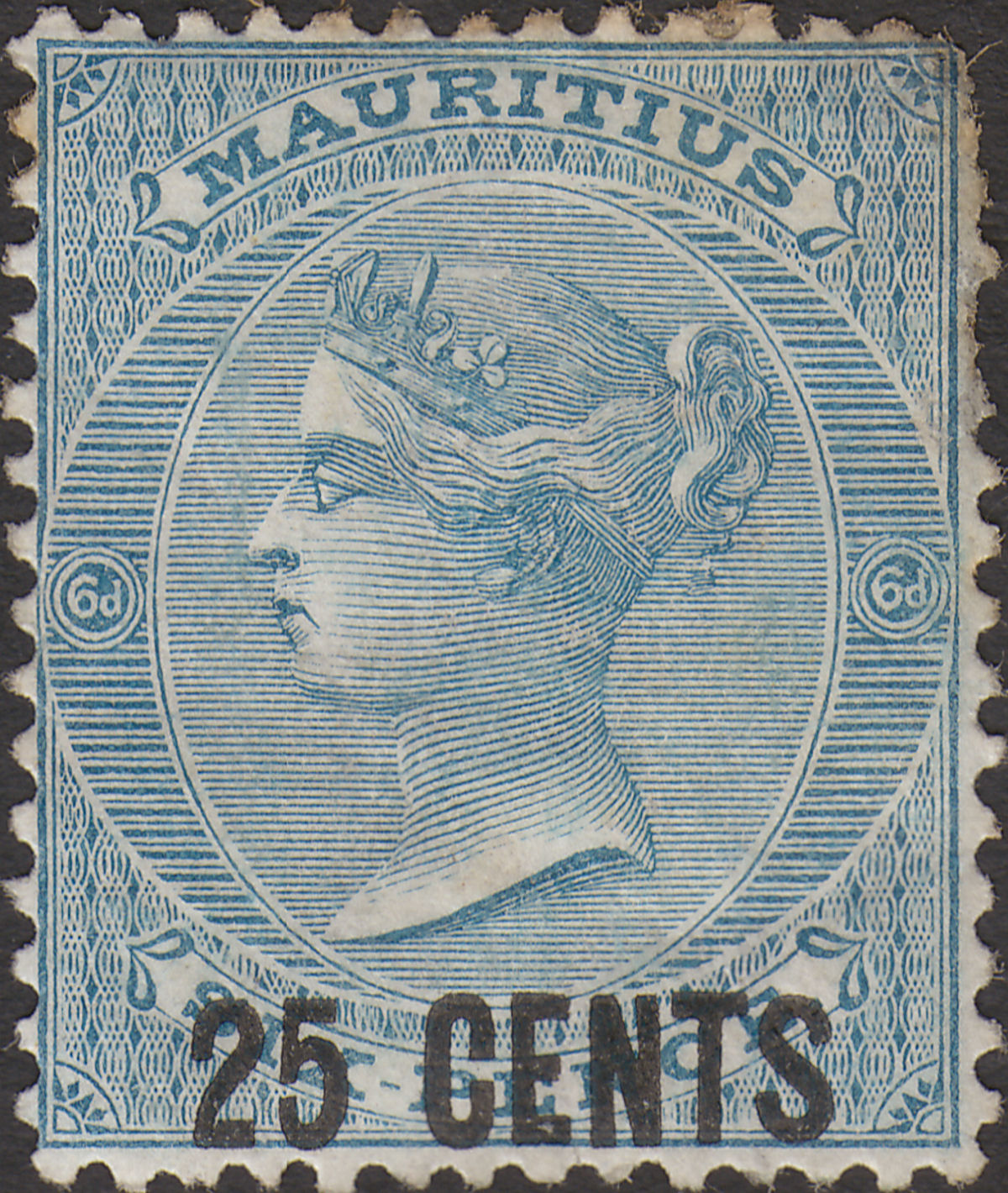 Mauritius 1878 QV 25c Surcharge on 6d Slate-Blue Mint SG88 cat £275 VERY FAULTY