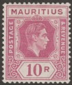 Mauritius 1938 KGVI 10r Reddish Purple Chalky Paper Mint SG263