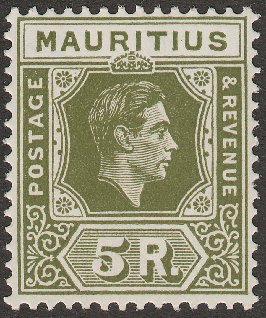 Mauritius 1948 KGVI 5r Deep Olive Chalky Paper Mint SG262 var