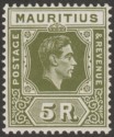 Click for more photos and details Mauritius 1948 KGVI 5r Deep Olive Chalky Paper Mint SG262 var