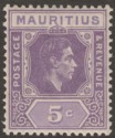 Mauritius 1942 KGVI 5c Dull Lavender and Lavender Mint SG255 var