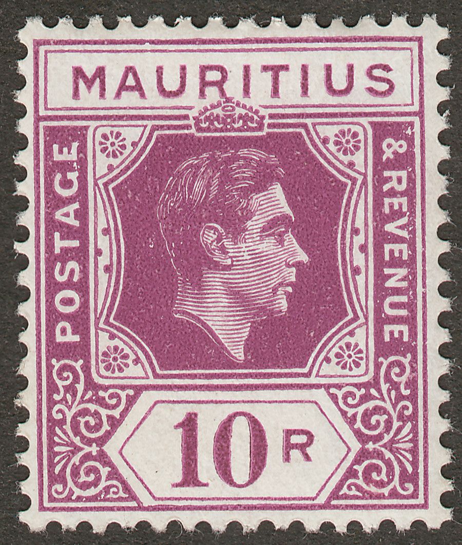 Mauritius 1943 KGVI 10r Reddish Purple Ordinary Paper Mint SG263a