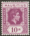 Mauritius 1943 KGVI 10r Reddish Purple Ordinary Paper Mint SG263a