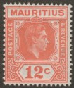 Click for more photos and details Mauritius 1942 KGVI 12c Salmon perf 15x14 Mint SG257a