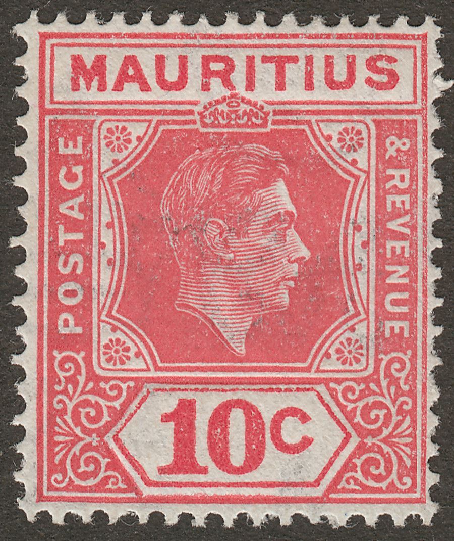 Mauritius 1942 KGVI 10c Pale Reddish Rose perf 15x14 Mint SG256c