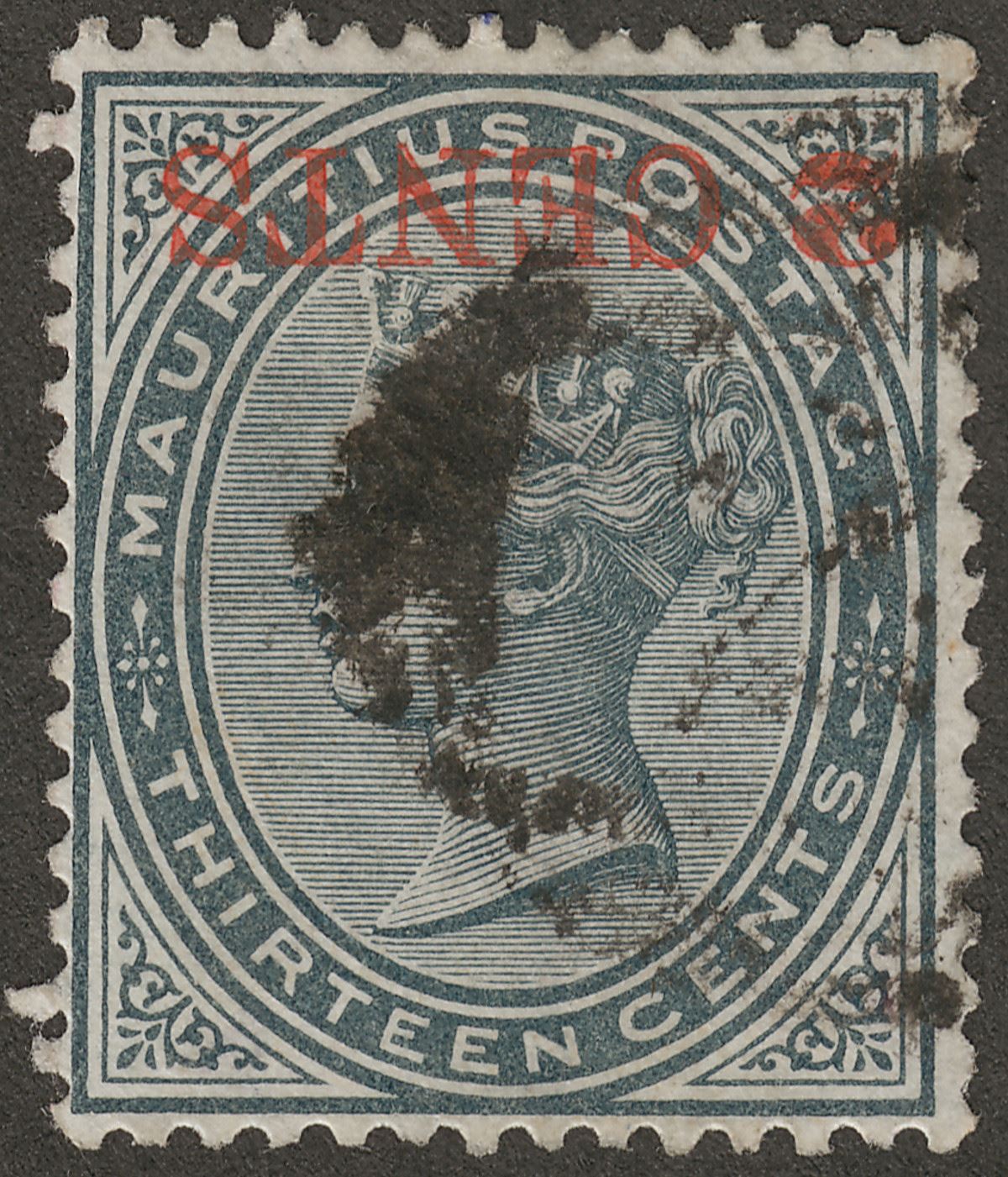Mauritius 1887 QV 2c on 13c Slate Surcharge Inverted Used SG117a cat £300