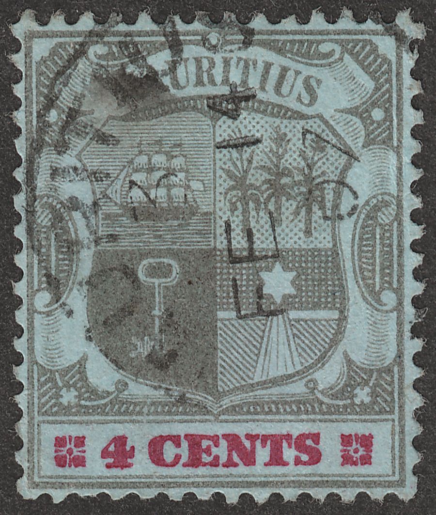 Mauritius 1904 KEVII 4c Black + Carmine on Blue wmk Crwn CA Inverted Used SG143w