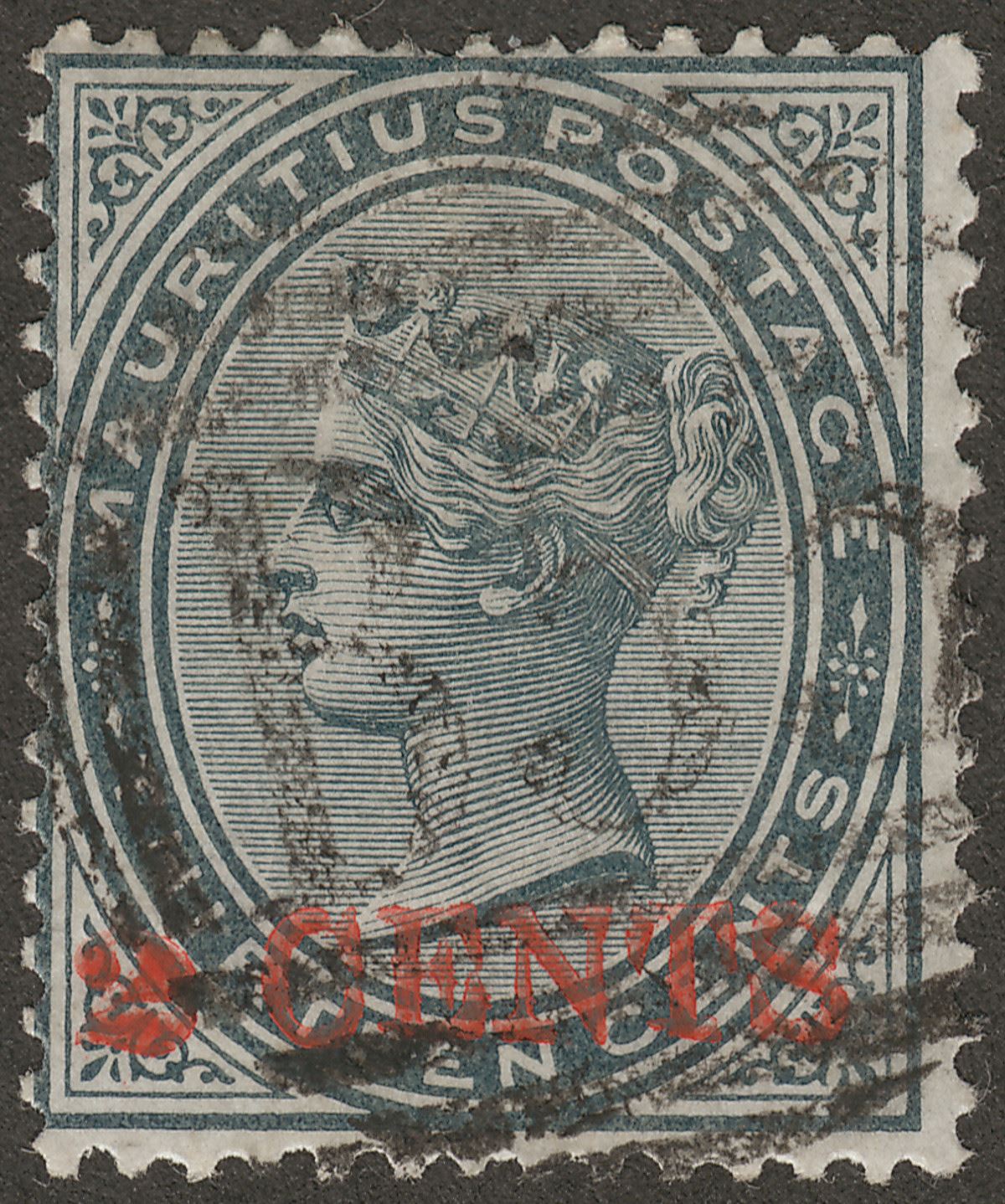 Mauritius 1887 QV 2c on 13c Slate Surcharge Used SG117 cat £120