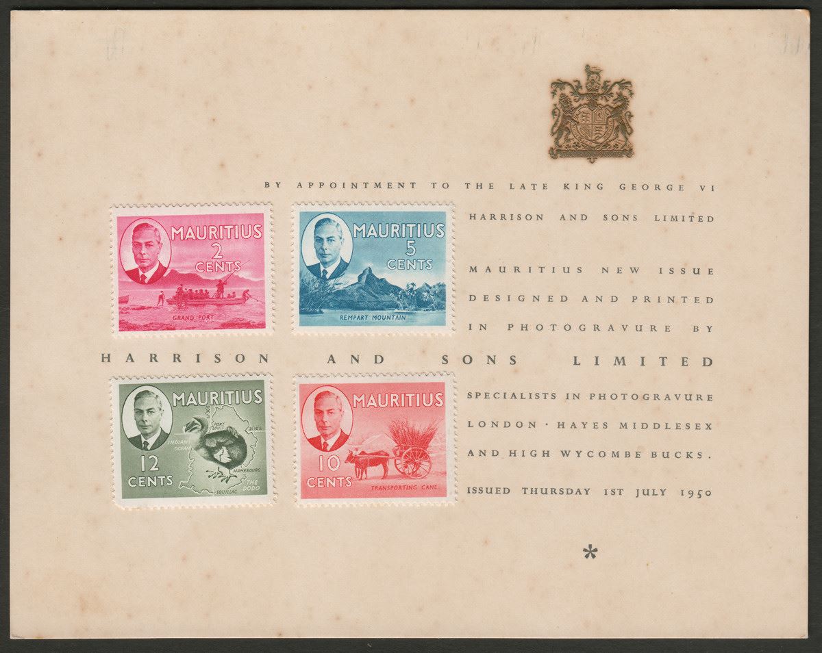 Mauritius 1950 KGVI Four Values on Harrison and Sons Advertising Card - Toned