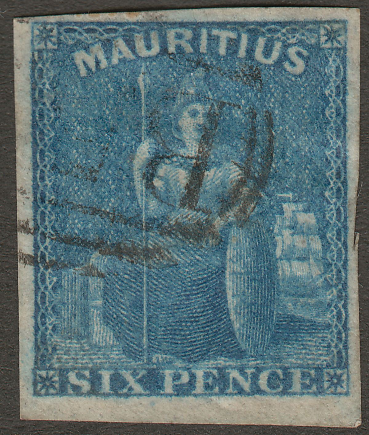 Mauritius 1859 QV Britannia 6d Blue Imperf Used SG32 cat £55 B53 Postmark