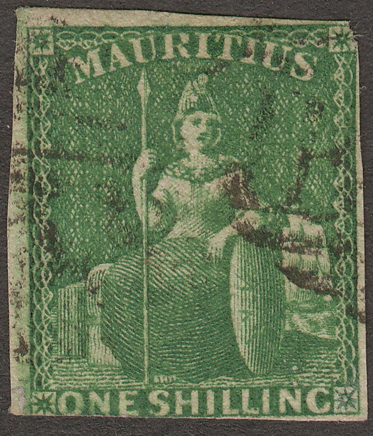 Mauritius 1861 QV Britannia 1sh Green Imperf Used SG35 cat £150 two margins