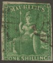 Click for more photos and details Mauritius 1861 QV Britannia 1sh Green Imperf Used SG35 cat £150 two margins