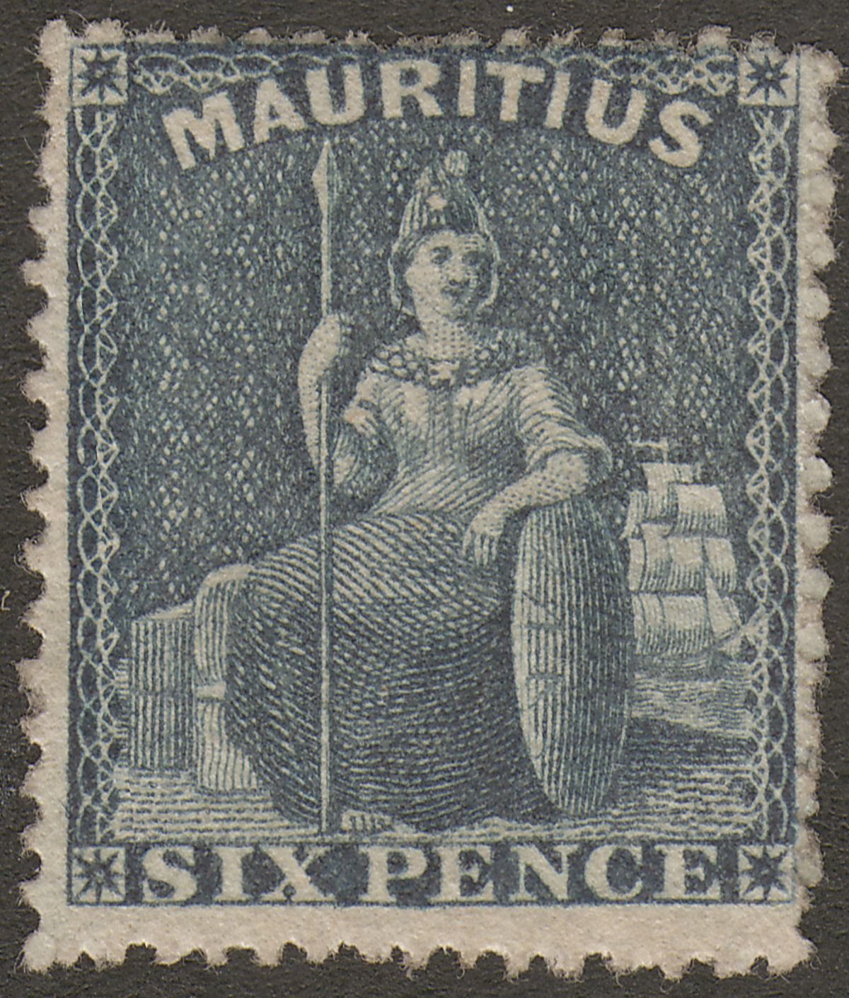 Mauritius 1862 QV Britannia 6d Slate Perforated Unused SG54 cat £42 as mint