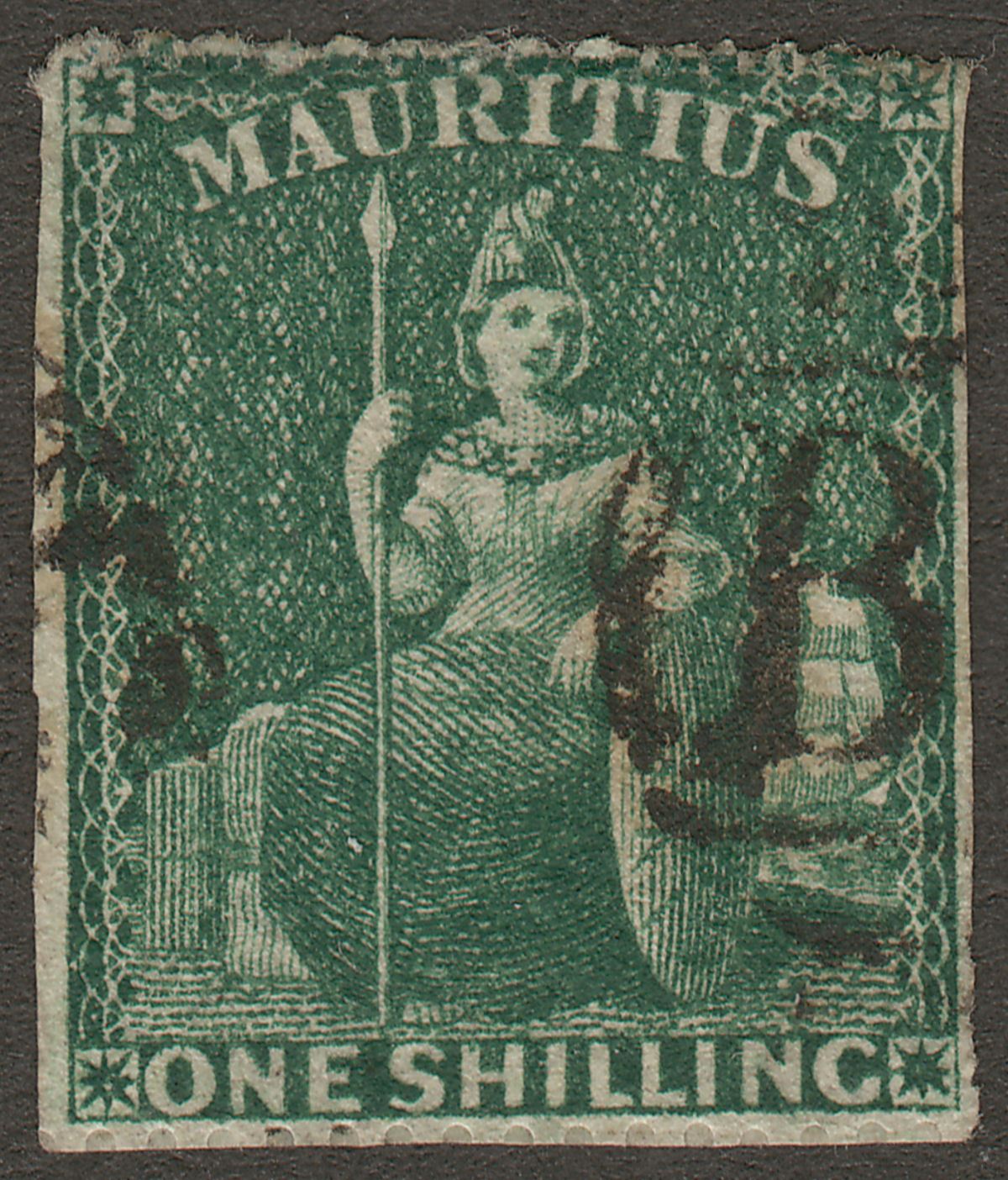Mauritius 1862 Britannia 1sh Deep Green Perforate Used SG55 cat £325 Faulty