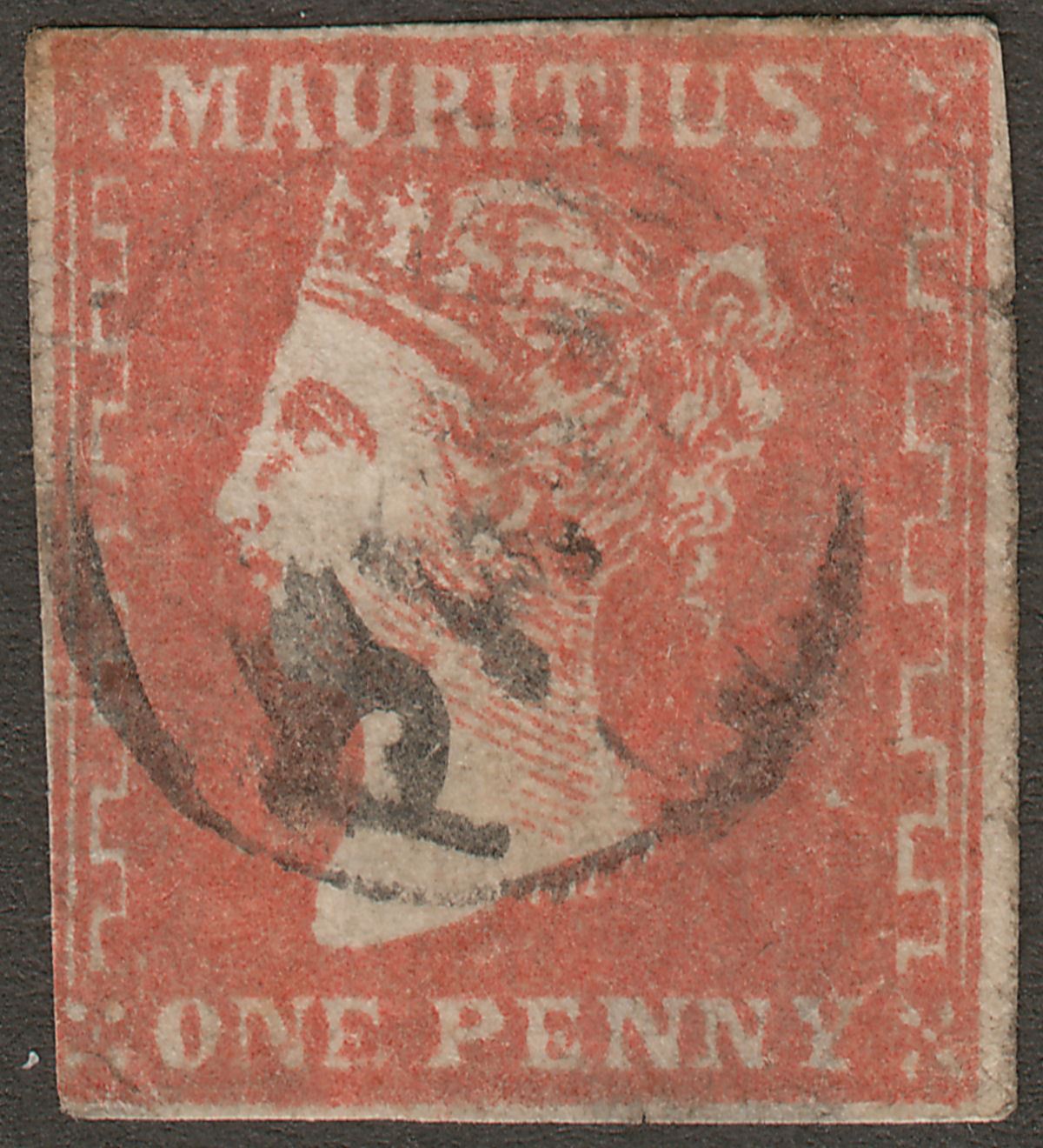 Mauritius 1859 QV Dardenne 1d Dull Vermilion Imperf Used SG42 cat £1400 thinned