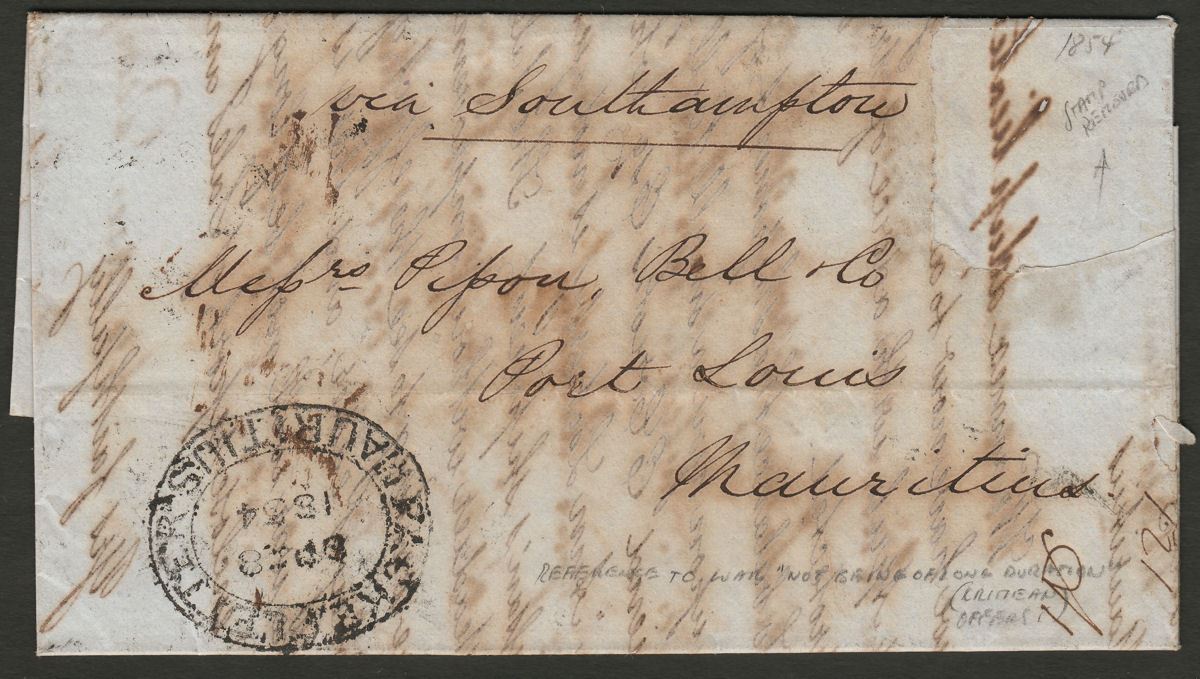 Mauritius 1854 Incoming Entire from London w Packet Letters Oval stamp removed