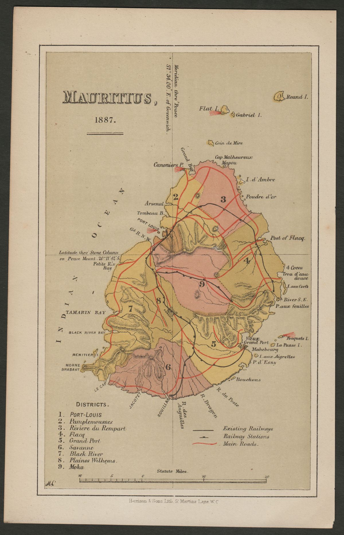 Mauritius 1887 Colour Map Printed by Harrison & Sons showing Roads + Railways