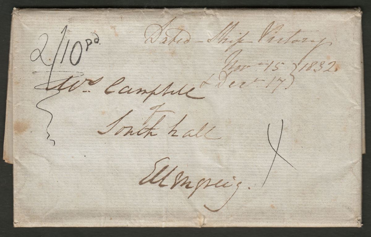 Mauritius 1832 Pair of Letters + Outer Wrapper written Ship Victory at Mauritius