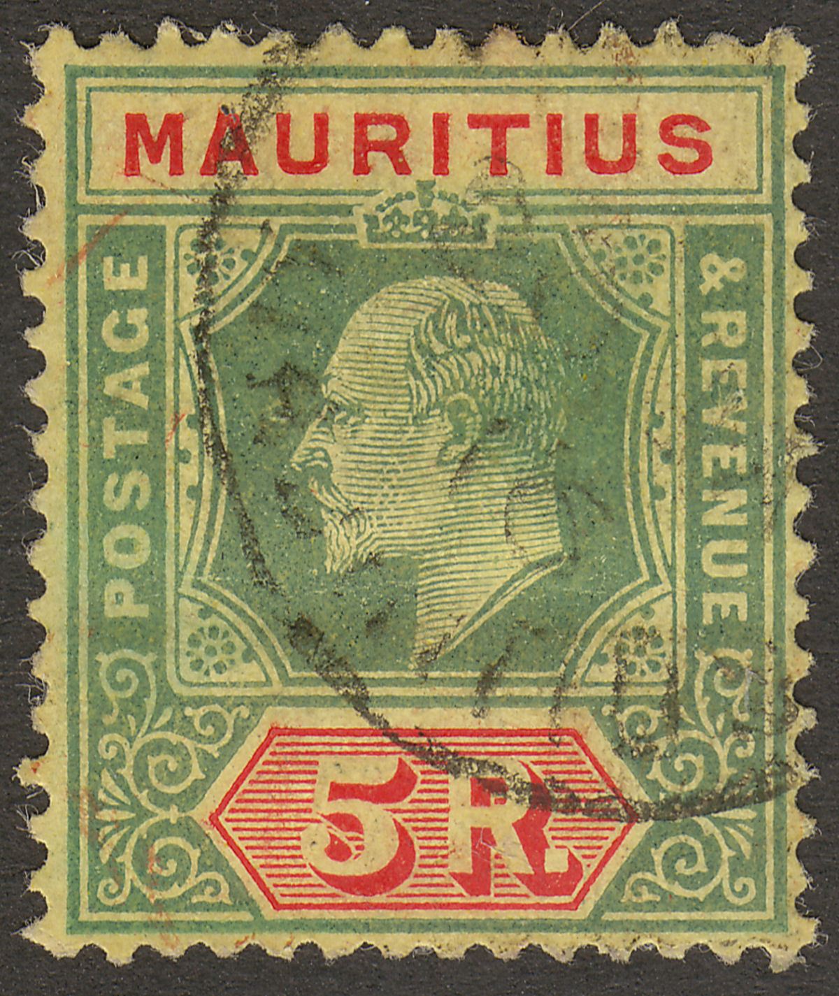 Mauritius 1910 KEVII 5r Green and Red on Yellow Used SG194 cat £95