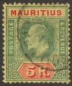 Click for more photos and details Mauritius 1910 KEVII 5r Green and Red on Yellow Used SG194 cat £95