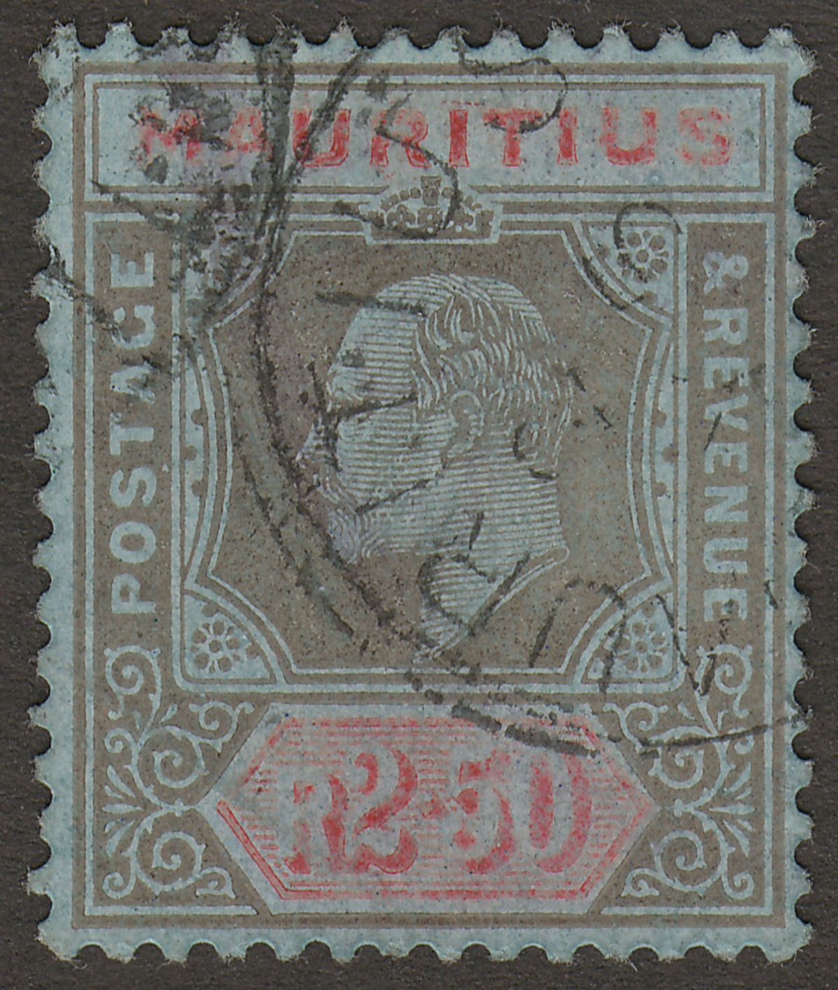 Mauritius 1910 KEVII 2r50c Black and Red on Blue Used SG193 cat £75 faults
