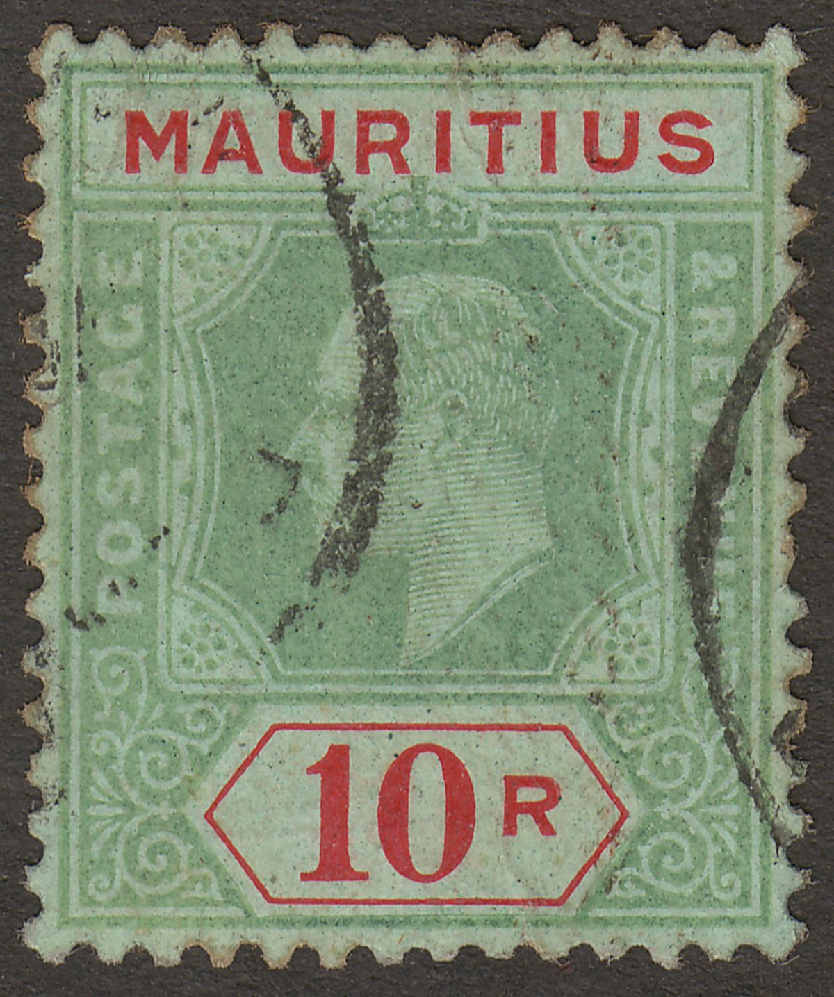 Mauritius 1910 KEVII 10r Green and Red on Green Used SG195 cat £325 faults