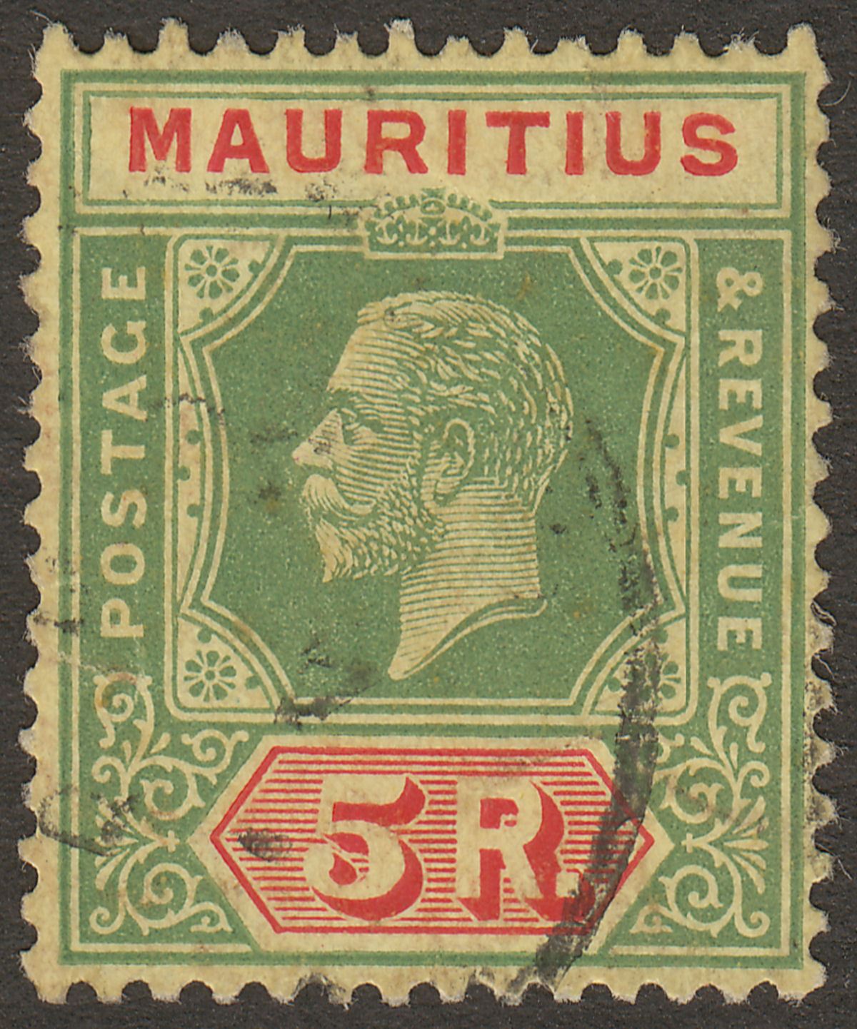 Mauritius 1924 KGV 5r Green and Red on Yellow Used SG240 cat £110