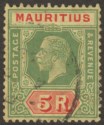 Click for more photos and details Mauritius 1924 KGV 5r Green and Red on Yellow Used SG240 cat £110