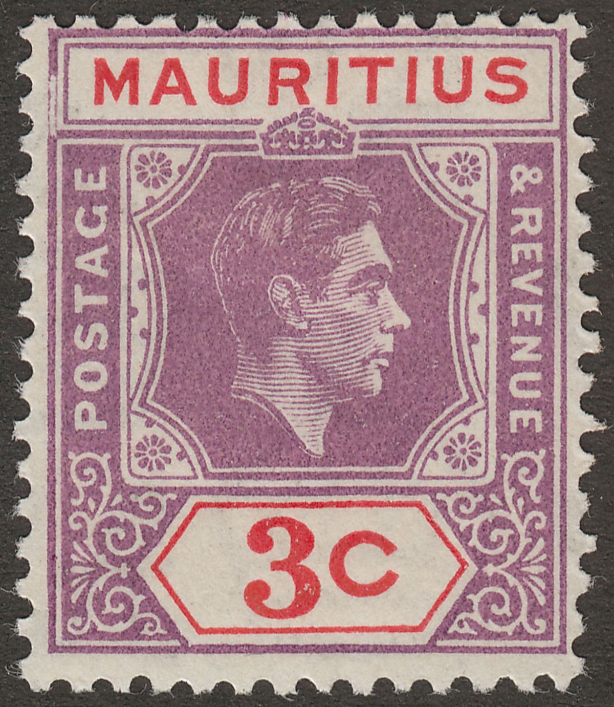 Mauritius 1938 KGVI 3c Purple + Scar w Split Frame Variety Mint SG253c cat £225