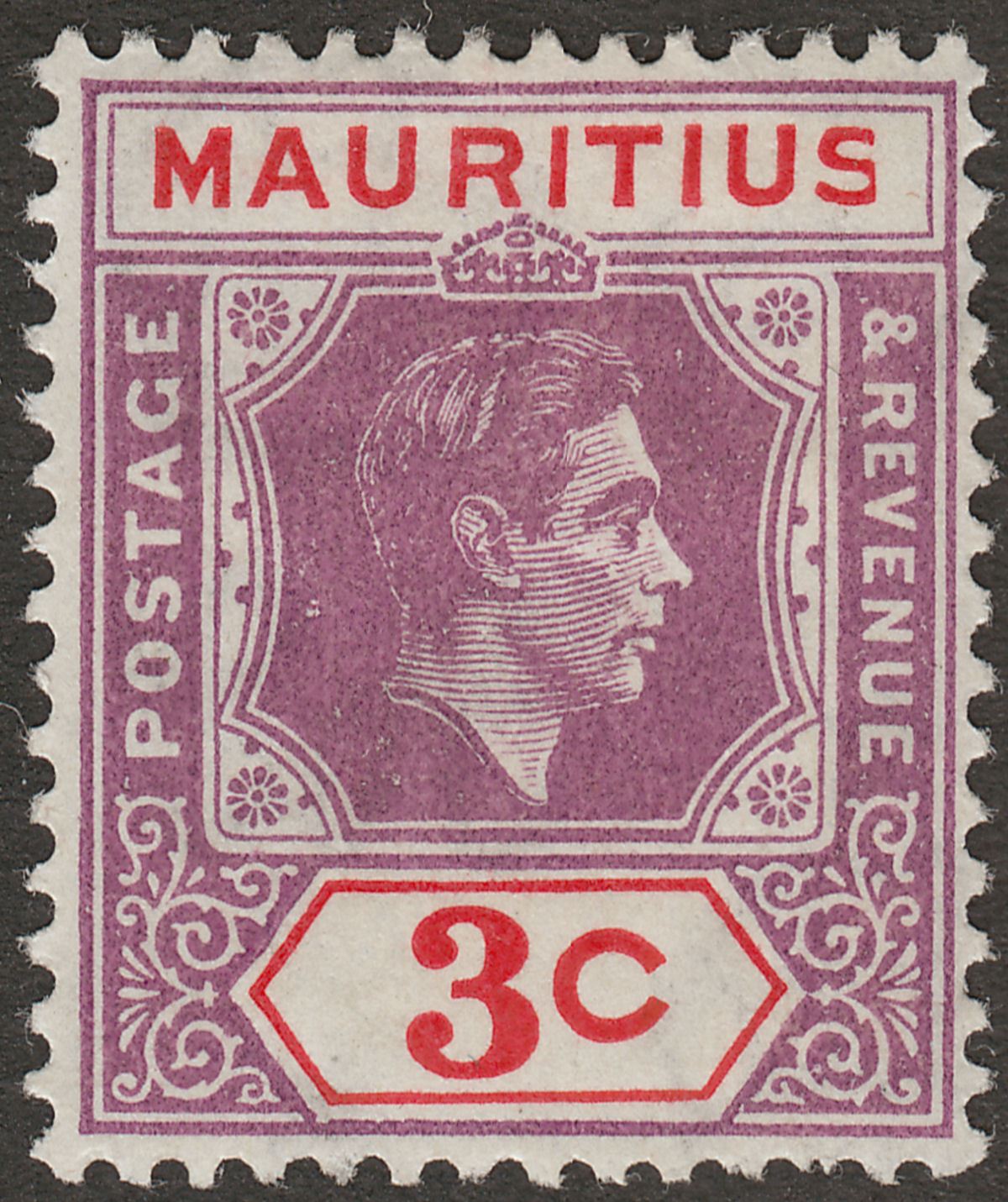 Mauritius 1938 KGVI 3c Purple + Scarlet w Sliced S Variety Mint SG253a cat £85