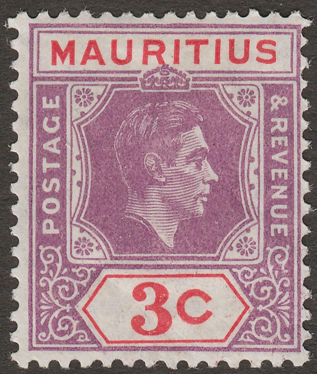 Mauritius 1938 KGVI 3c Purple + Scarlet w Partially Sliced S Variety Mint SG253