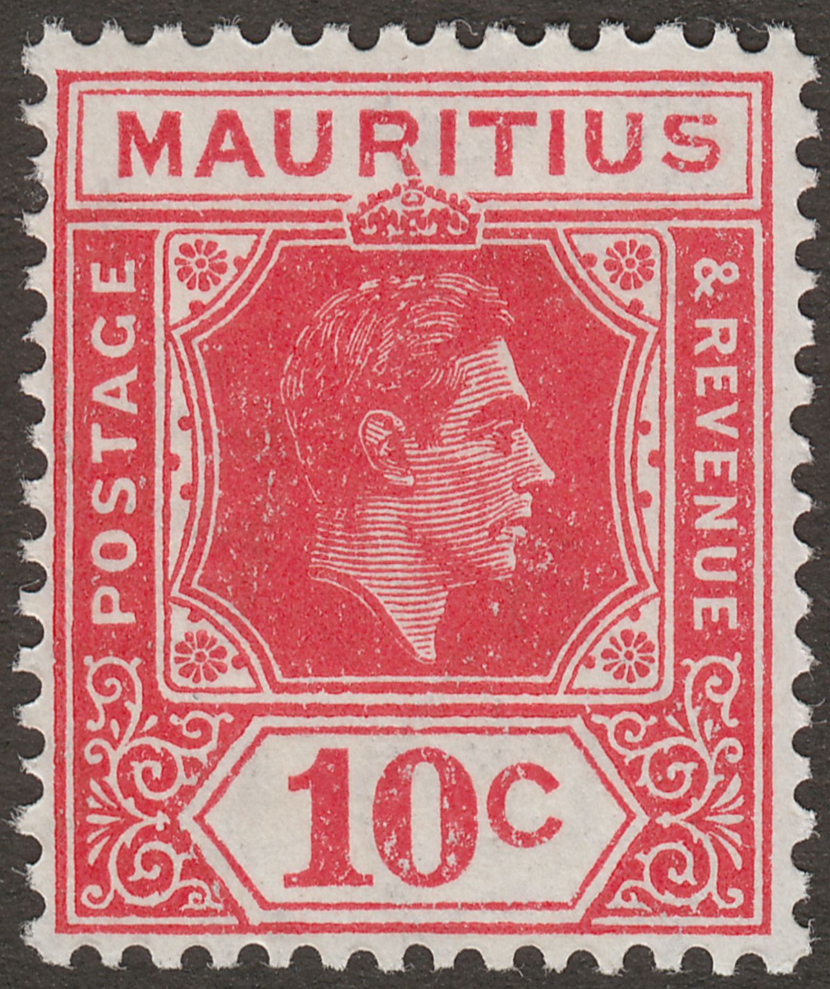 Mauritius 1943 KGVI 10c Dp Reddish Rose w Sliced S Variety Mint SG256ba cat £160