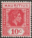 Click for more photos and details Mauritius 1943 KGVI 10c Dp Reddish Rose w Sliced S Variety Mint SG256ba cat £160