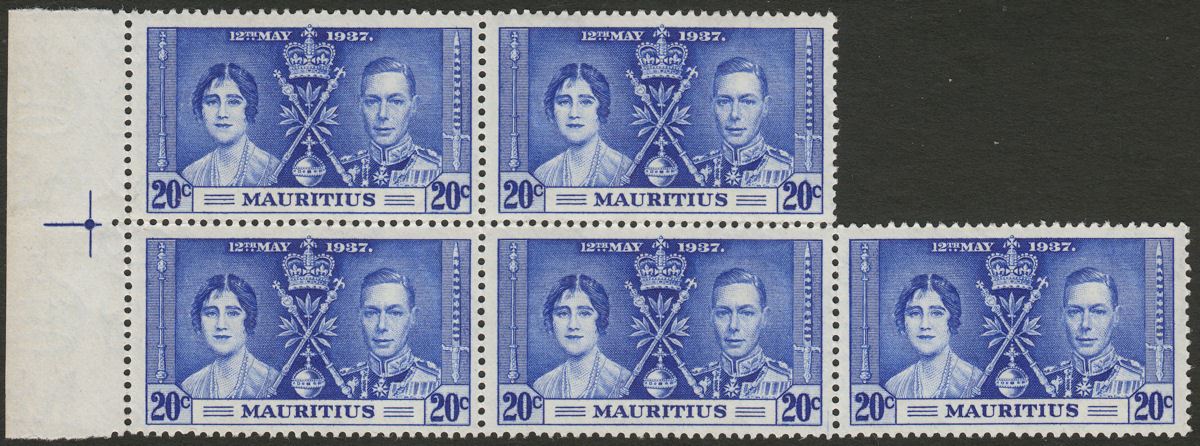 Mauritius 1937 KGVI Coronation 20c Variety Line Through Sword Mint SG251a cat£90