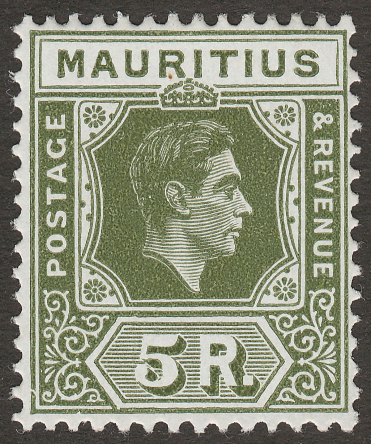 Mauritius 1943 KGVI 5r Sage-Green Ordinary Paper Mint SG262a cat £38 spot
