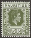 Click for more photos and details Mauritius 1943 KGVI 5r Sage-Green Ordinary Paper Mint SG262a cat £38 spot
