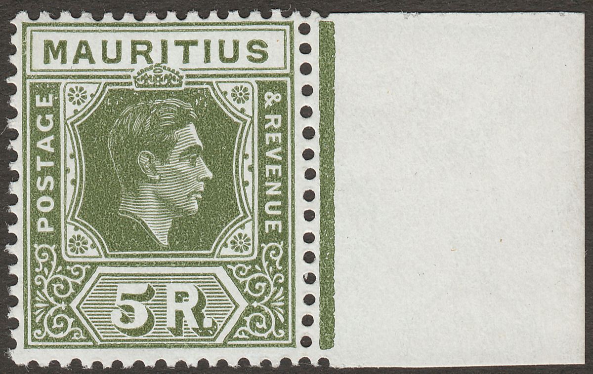 Mauritius 1943 KGVI 5r Sage-Green Ordinary Paper Marginal Mint SG262a cat £38