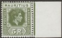 Click for more photos and details Mauritius 1943 KGVI 5r Sage-Green Ordinary Paper Marginal Mint SG262a cat £38