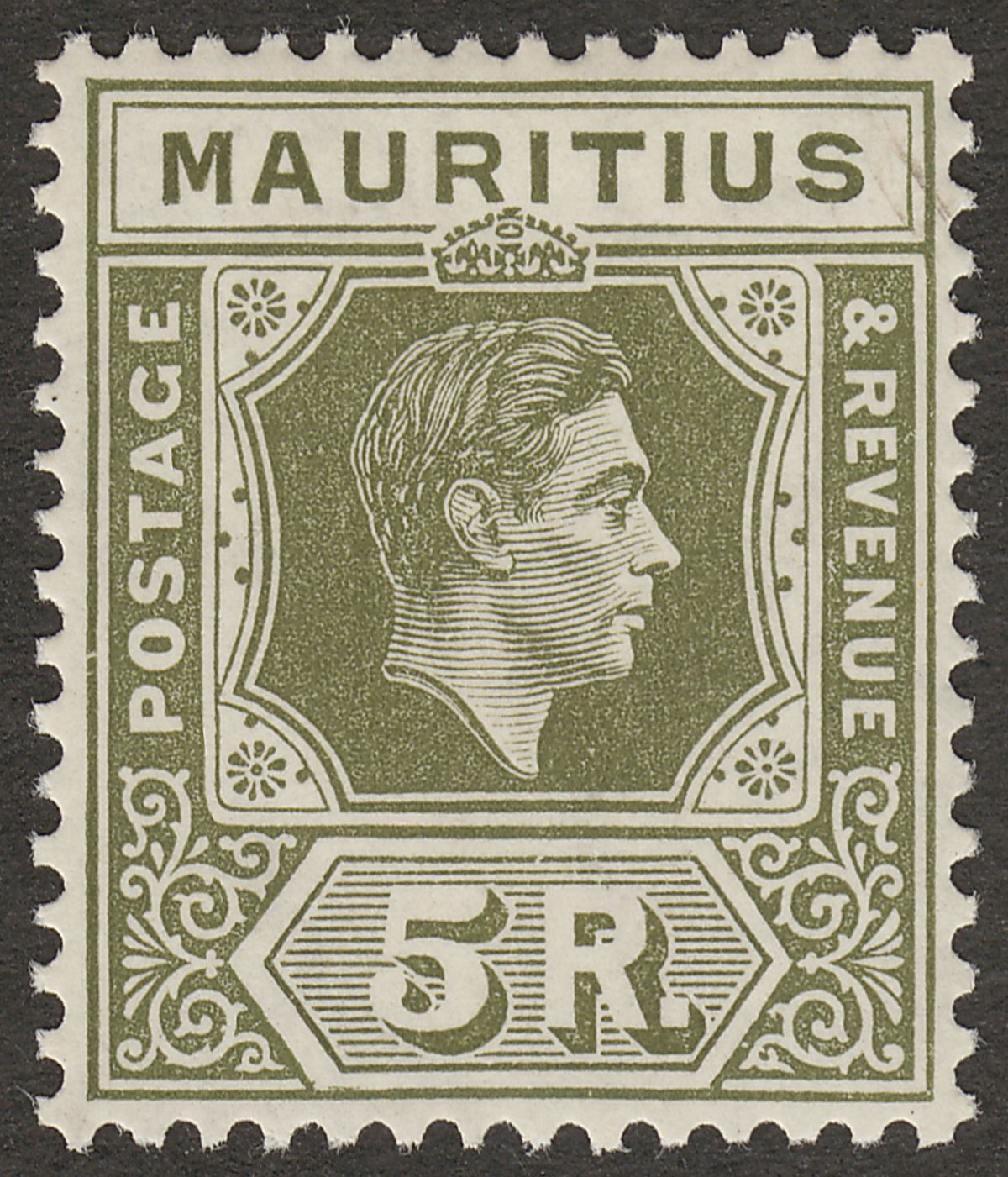 Mauritius 1938 KGVI 5r Olive-Green Chalky Paper Mint SG262 cat £55