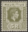 Click for more photos and details Mauritius 1938 KGVI 5r Olive-Green Chalky Paper Mint SG262 cat £55