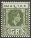 Mauritius 1943 KGVI 5r Sage-Green Ordinary Paper Mint SG262a
