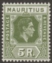 Click for more photos and details Mauritius 1943 KGVI 5r Sage-Green Ordinary Paper Mint SG262a