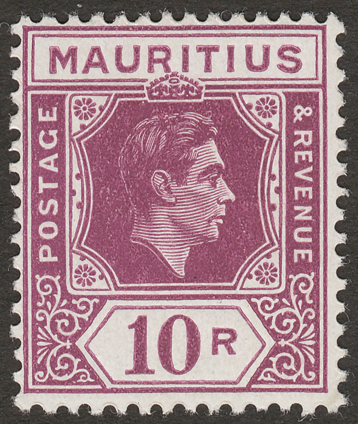 Mauritius 1943 KGVI 10r Reddish Purple Ordinary Paper Mint SG263a