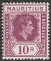 Mauritius 1943 KGVI 10r Reddish Purple Ordinary Paper Mint SG263a