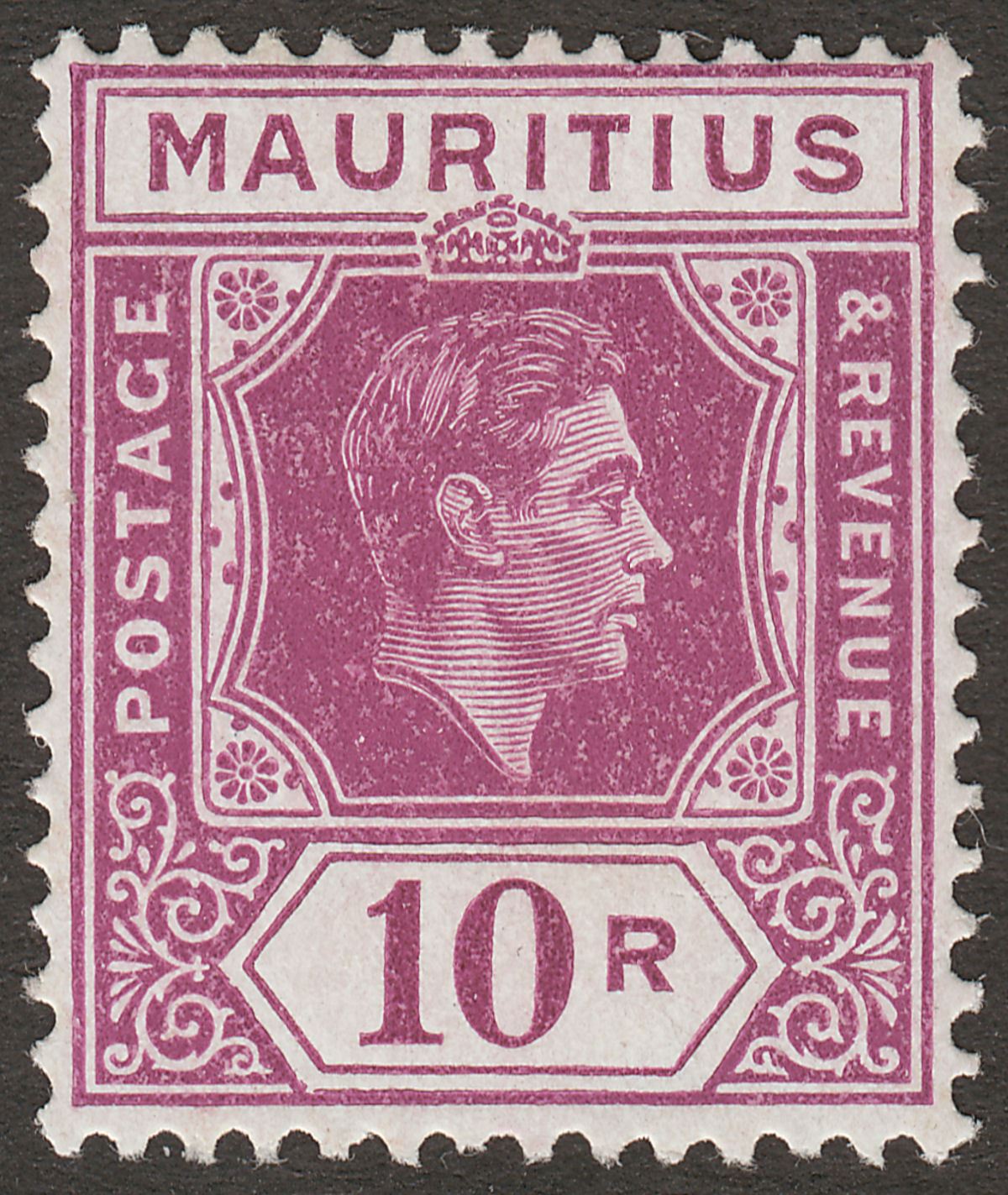 Mauritius 1943 KGVI 10r Reddish Purple Ordinary Paper Mint SG263a