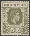 Mauritius 1938 KGVI 5r Olive-Green Chalky Paper Mint SG262